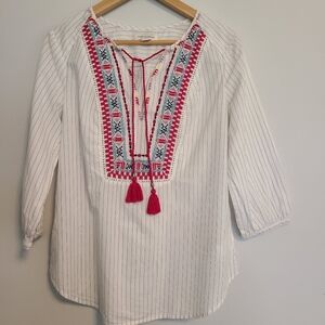 Vintage America White Embroidered Tassel Stripes Boho Tunic 100% Cotton Size S